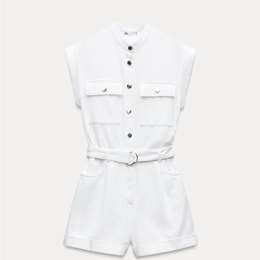 Zara White Sleeveless Belted Romper